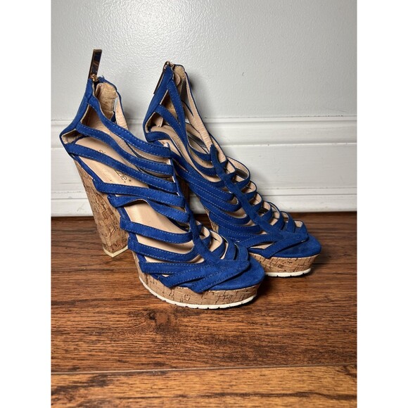 ShoeDazzle Shoes Womens Size 8 Blue Strappy Cork Platform High Heel Sandals Zip - Picture 1 of 10